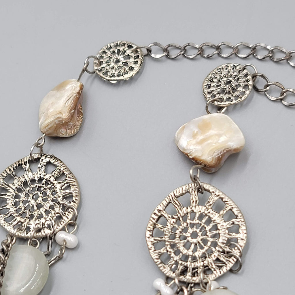 Multi Chain Necklace Silver tone White Cats Eye Bead 28"