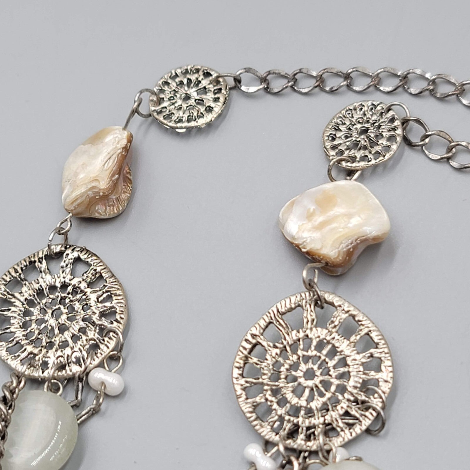 Multi Chain Necklace Silver tone White Cats Eye Bead 28"