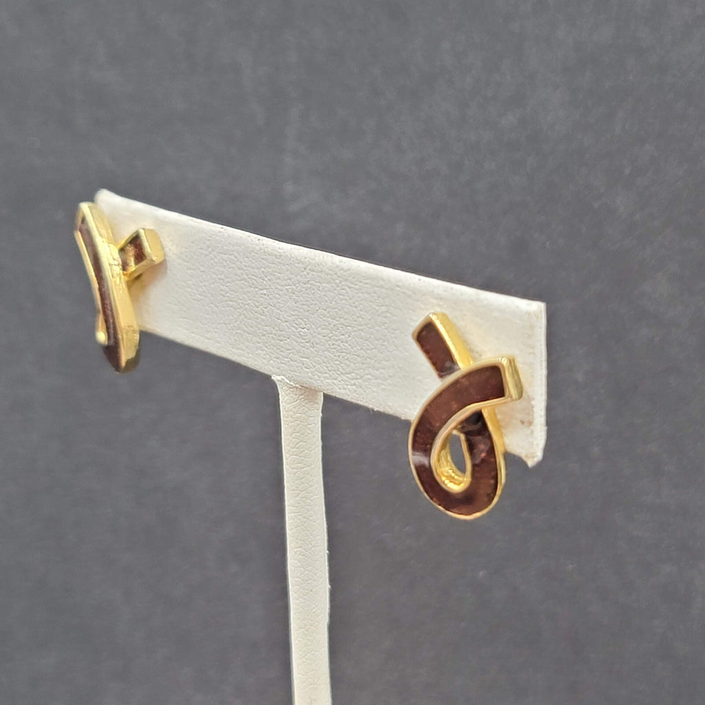 Vintage Pierced Earrings Gold tone Brown Enamel Ribbon Swish Studs 3/4"