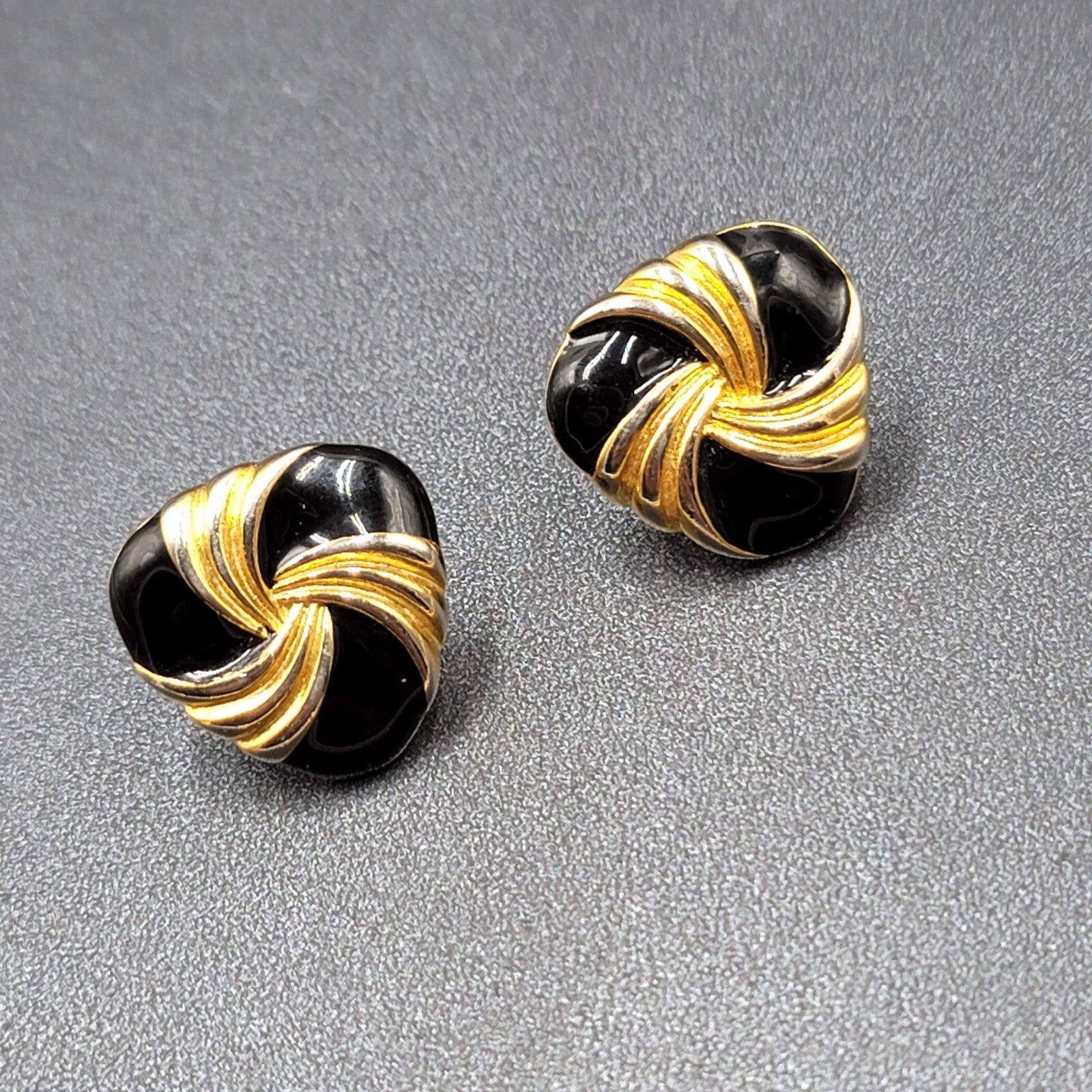 Vintage Napier Clip on Earrings Gold tone Black Enamel Screw Back 7/8"