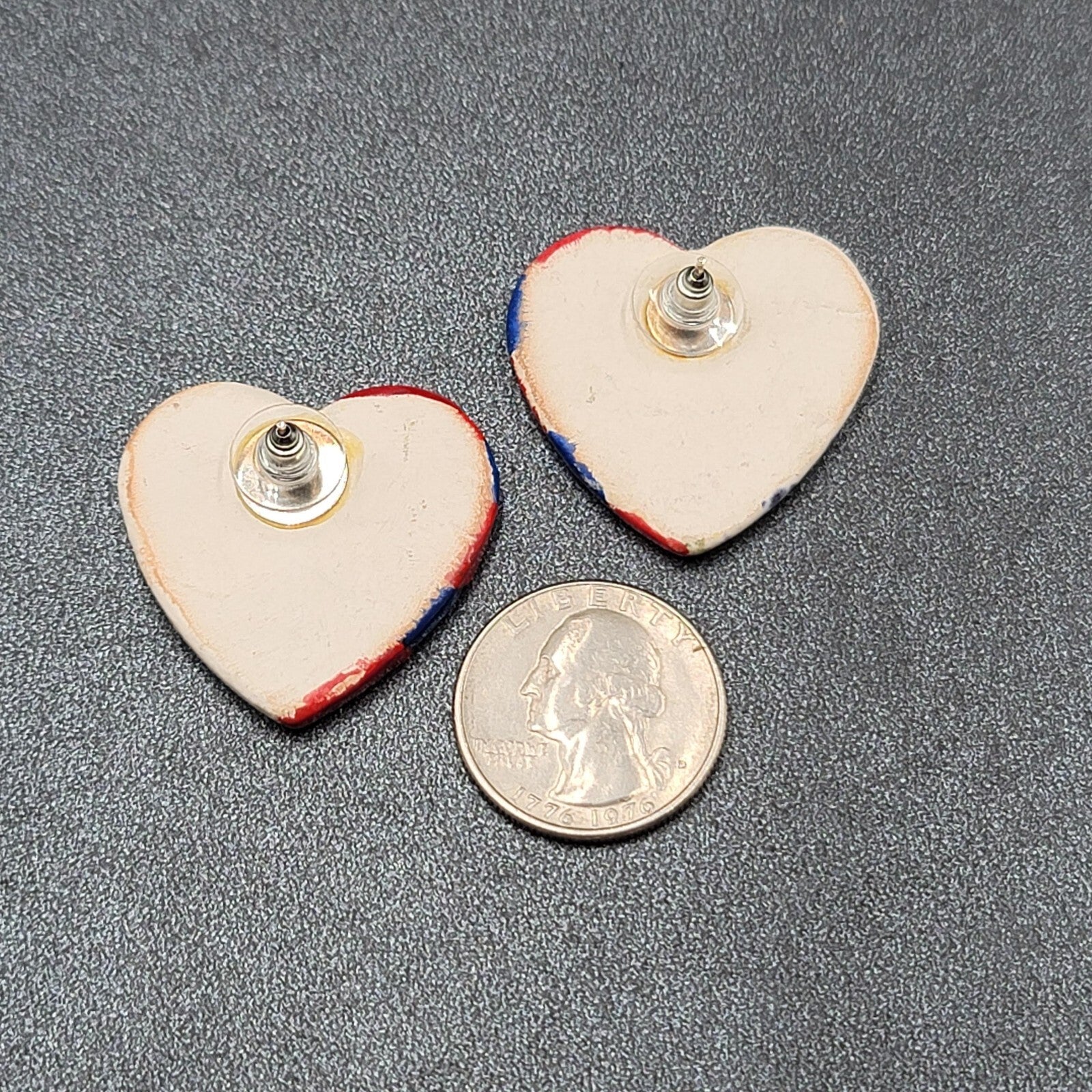 Vtg Heart Pierced Earrings Ceramic Hand Painted Patriotic Red White Blue 1.25"