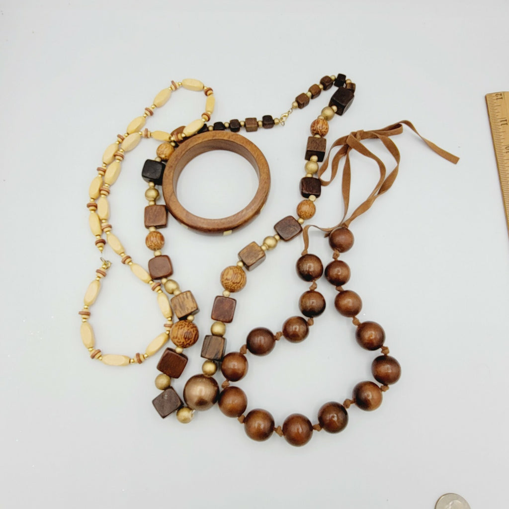 Vintage Wood Jewelry Lot 3 Necklaces and 1 Bangle Brass Inlay Bracelet