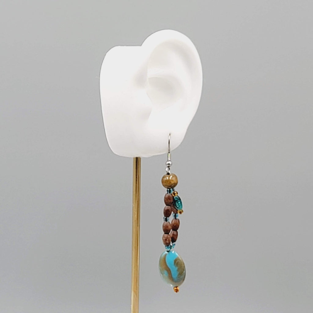 Blue Stone Wood Bead Pierced Earrings Artisan Dangle 2.5"