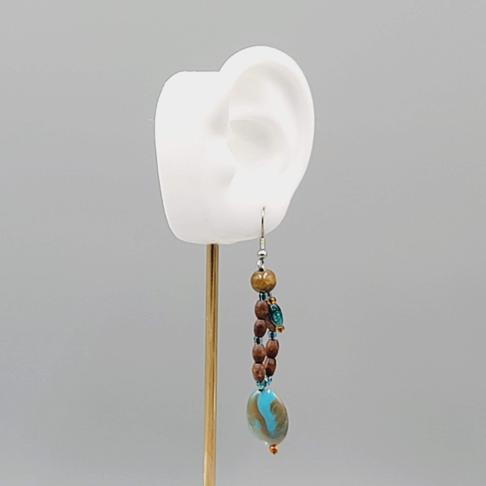 Blue Stone Wood Bead Pierced Earrings Artisan Dangle 2.5"
