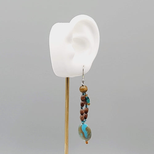 Blue Stone Wood Bead Pierced Earrings Artisan Dangle 2.5"