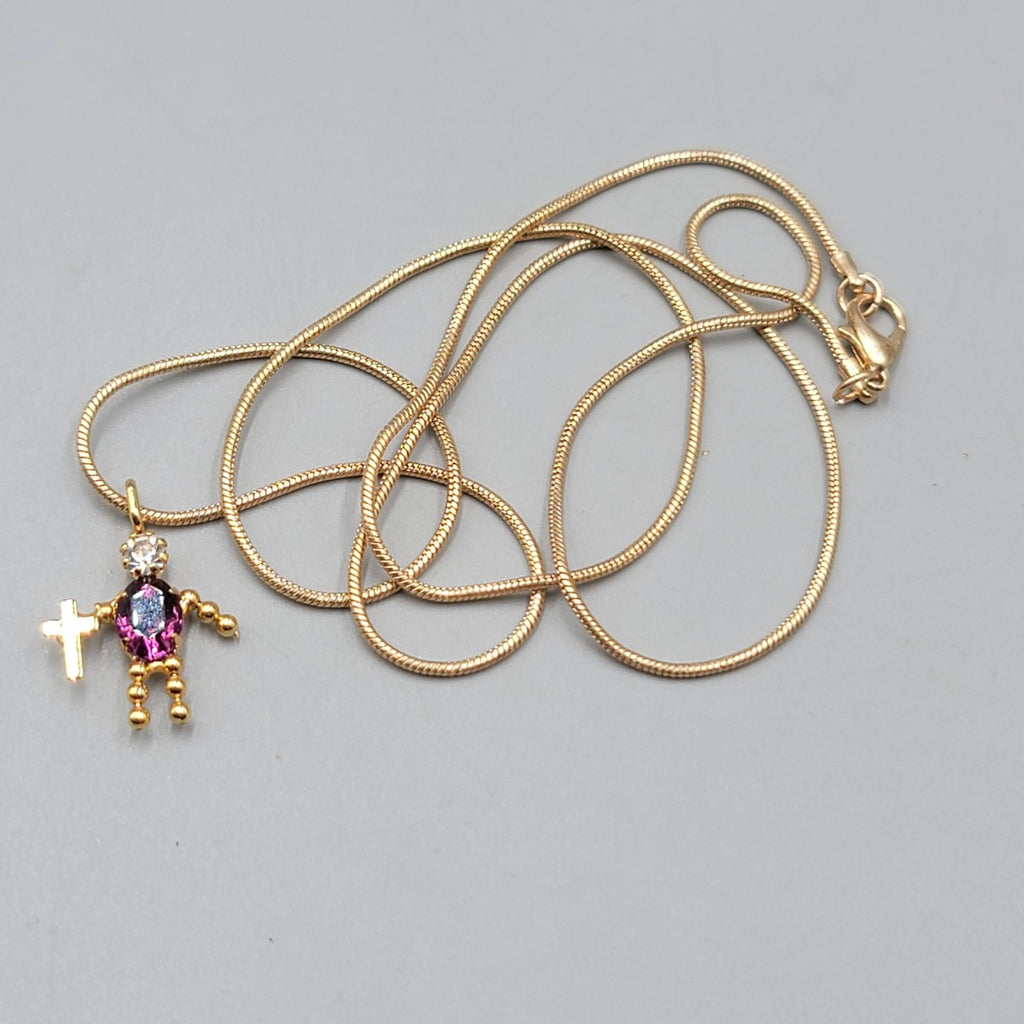 Vintage Purple Birthstone Boy Cross Pendant Gold Tone Necklace 24" Chain