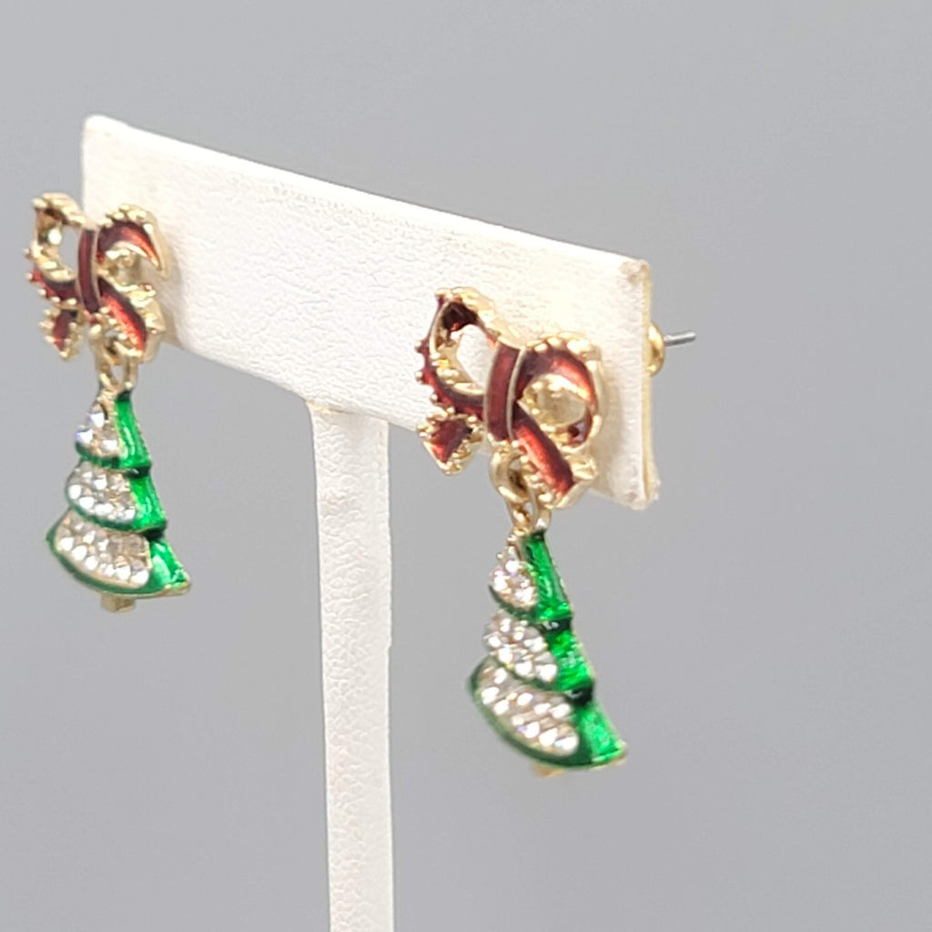 Christmas Tree Enamel Rhinestone Pierced Earrings Gold tone Dangle 1"