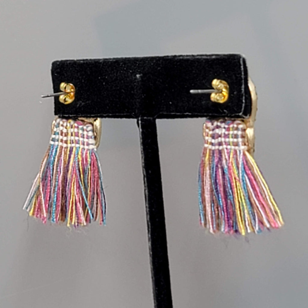 Crystal Bird Pierced Earrings Gold tone Multicolor Tassel 1.5"