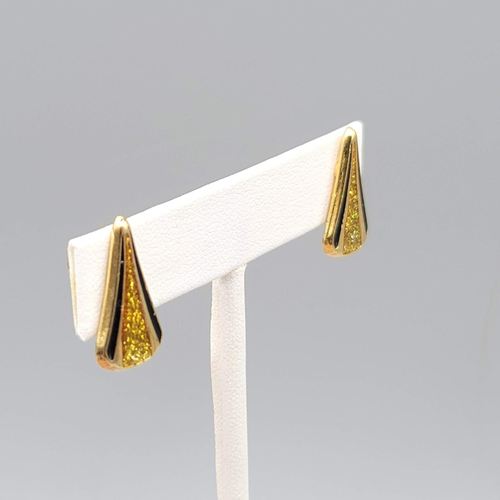 Vintage Clip on Earrings Glitter Gold tone Black Enamel Drop 3/4"