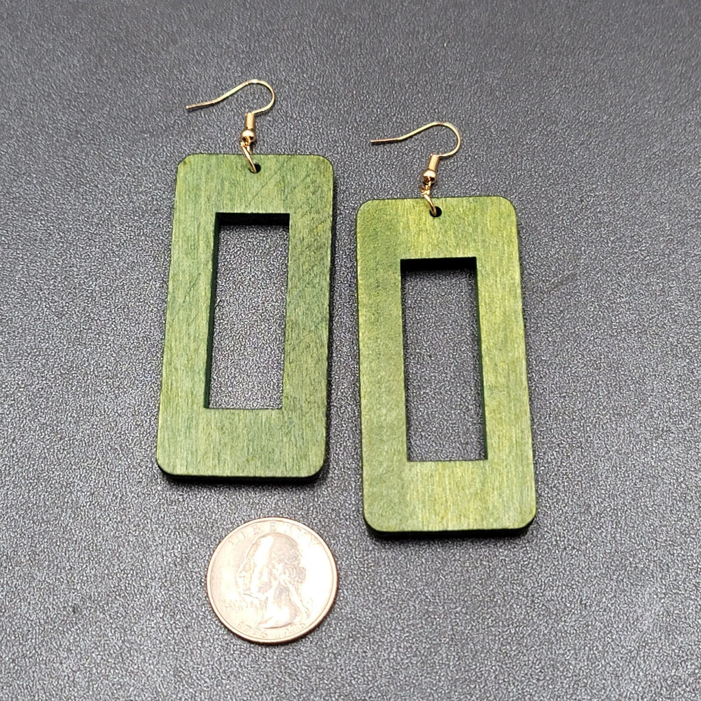 Pierced Earrings Large Green Wood Rectangle Statement Dangle 2.75"