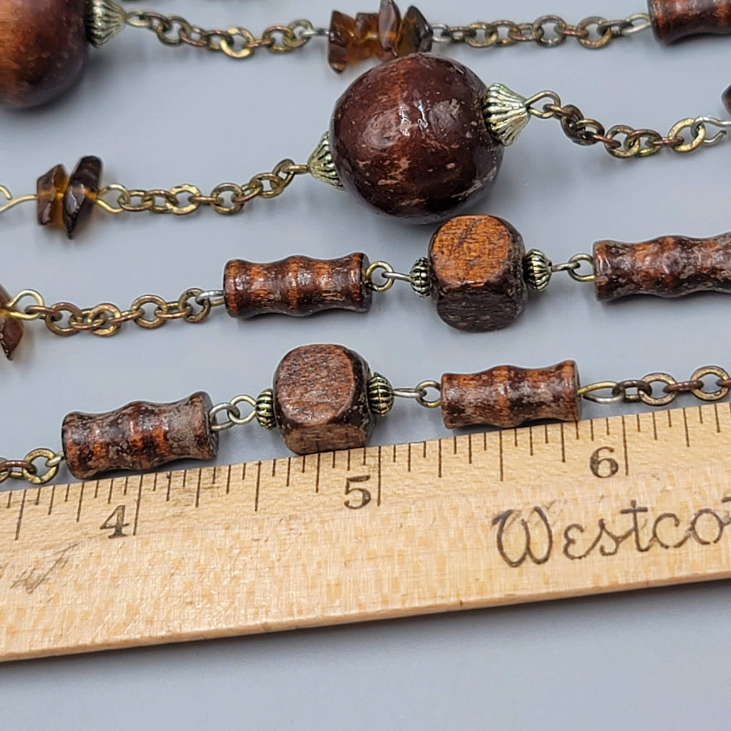 Vintage Wood Bead Necklace Amber Chip Extra Long 72"