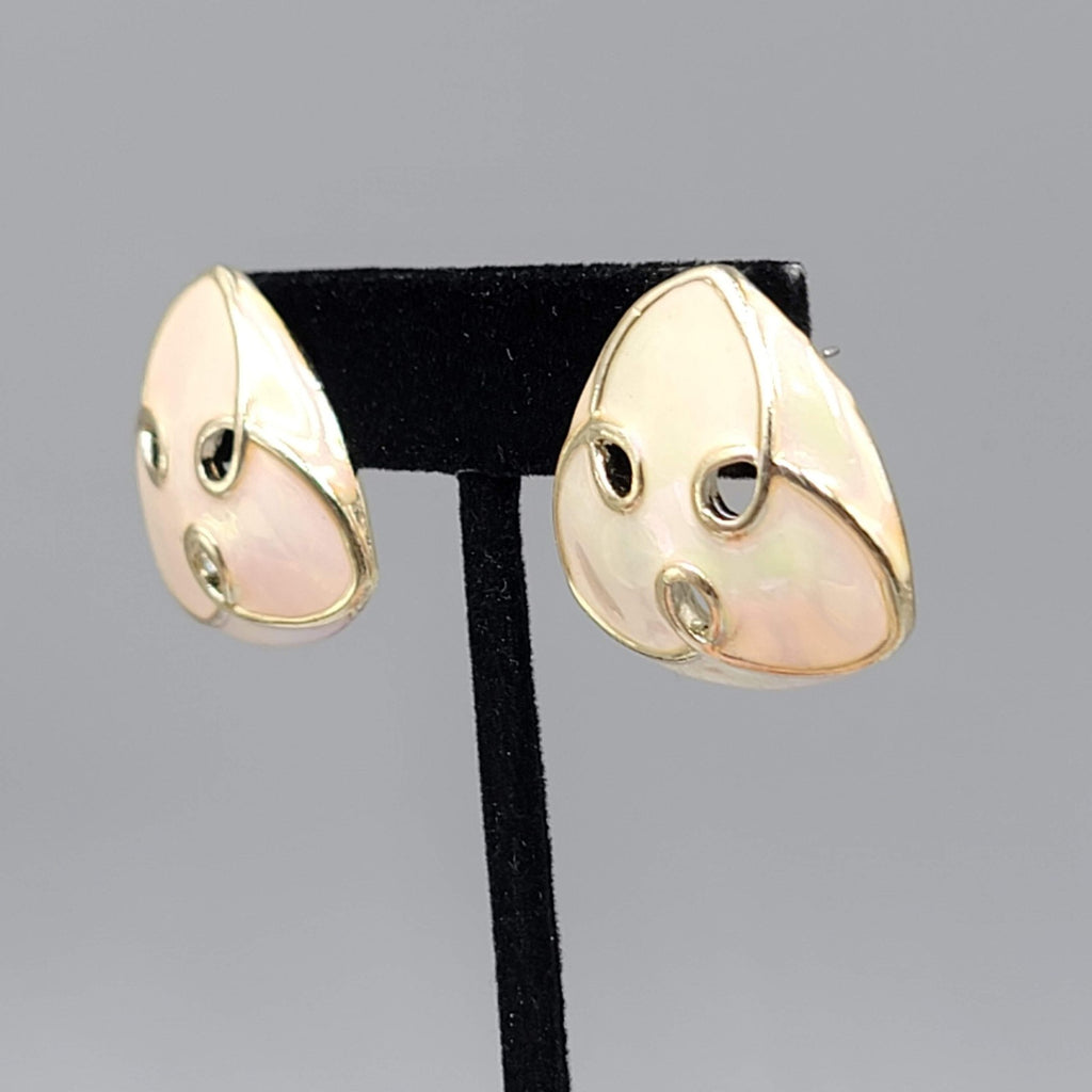 Vintage Iridescent White Enamel Pierced Earrings Triangle Drop 1 1/8"