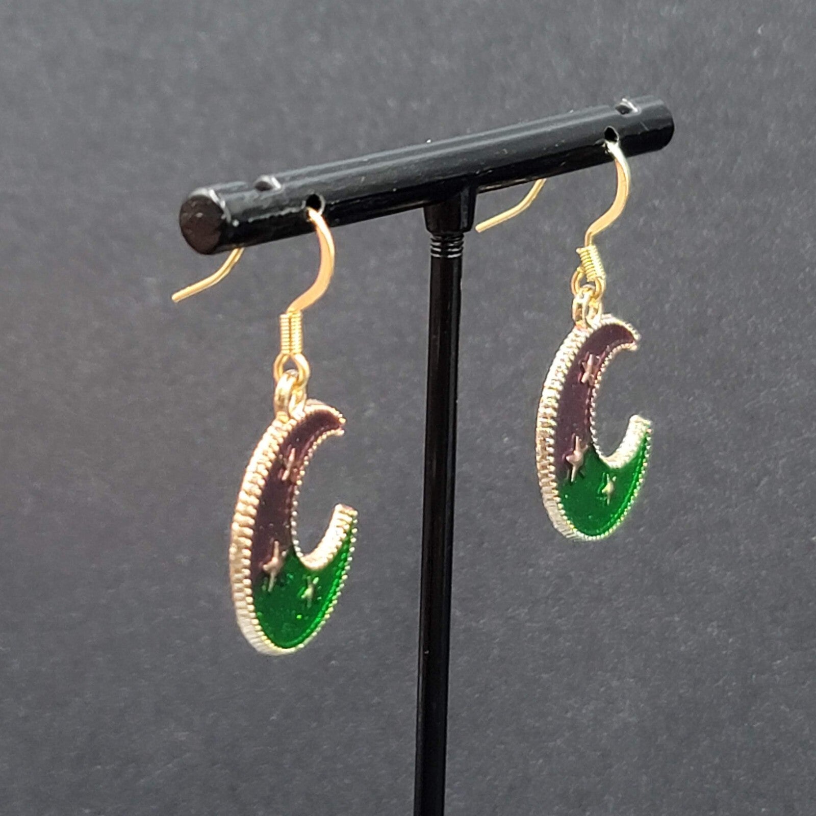 New Crescent Moon Pierced Earrings Gold tone Purple Green Enamel Dangle 7/8"