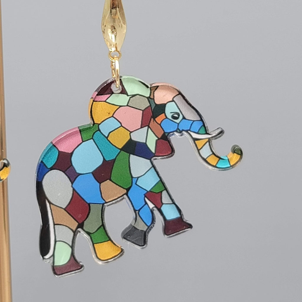 Multicolor Mosiac Elephant Pierced Earrings Acrylic Dangle Gold tone Hook 1 3/8"