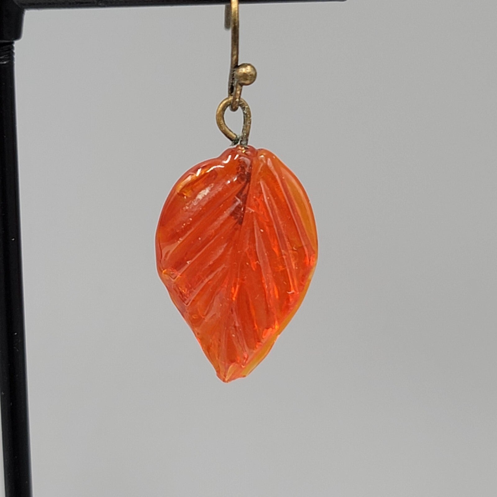 Orange Glass Leaf Pierced Earrings Bronze tone Dangle 1"