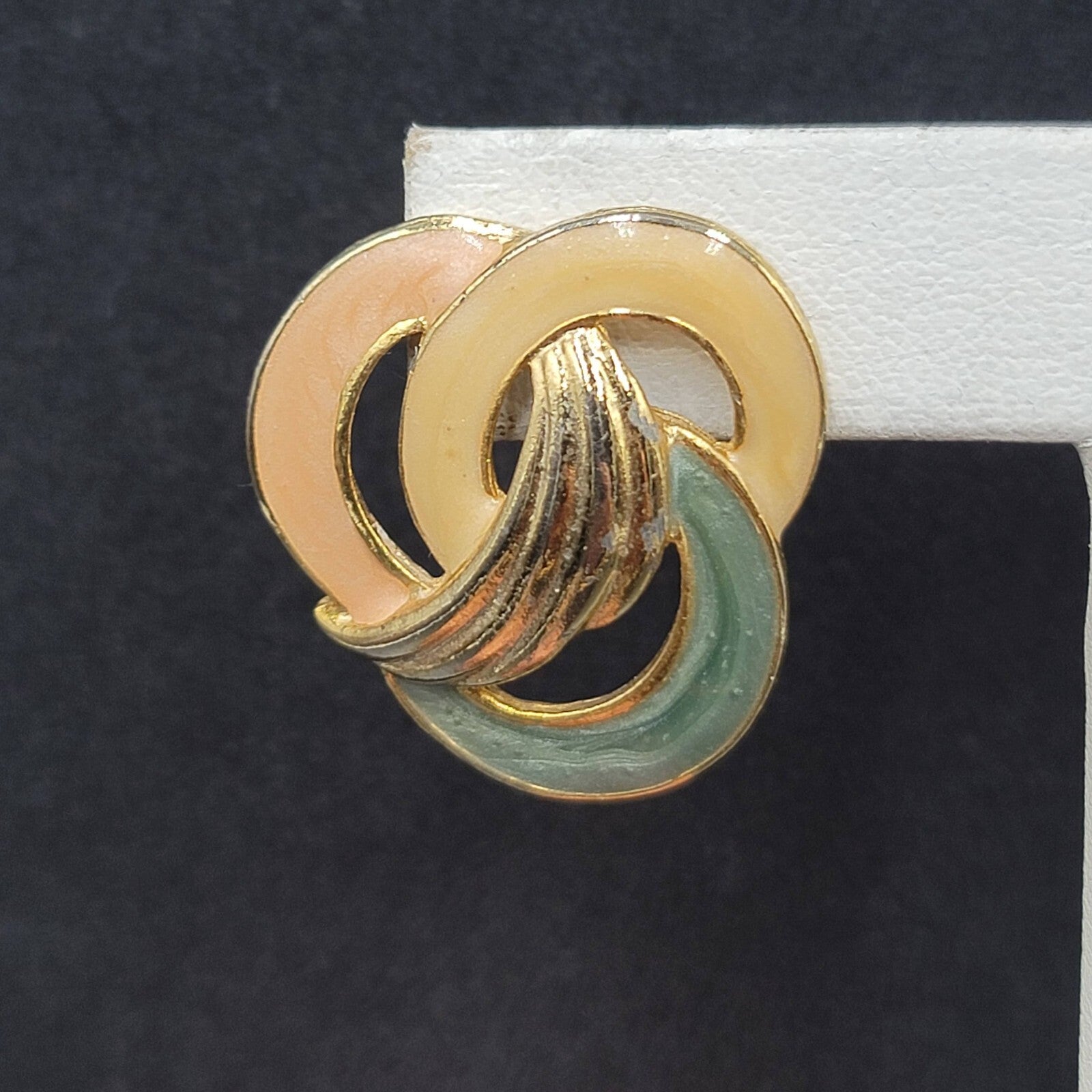 Vintage Pierced Earrings Tan Pink Green Swirl Enamel Gold tone Drop 1 1/8"
