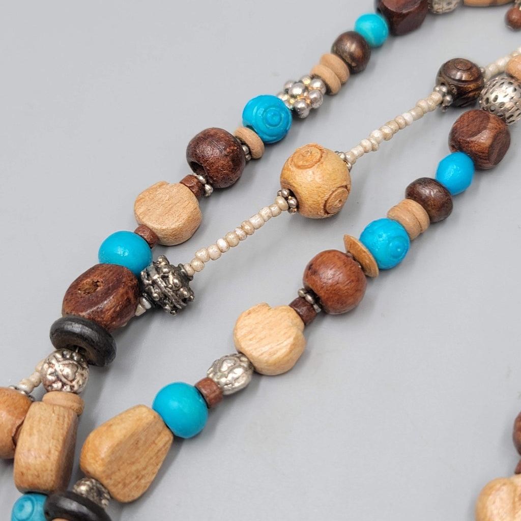 Stephan & Co Multi Strand Wooden Bead Necklace Silver Tone Boho Layered 18 Inch