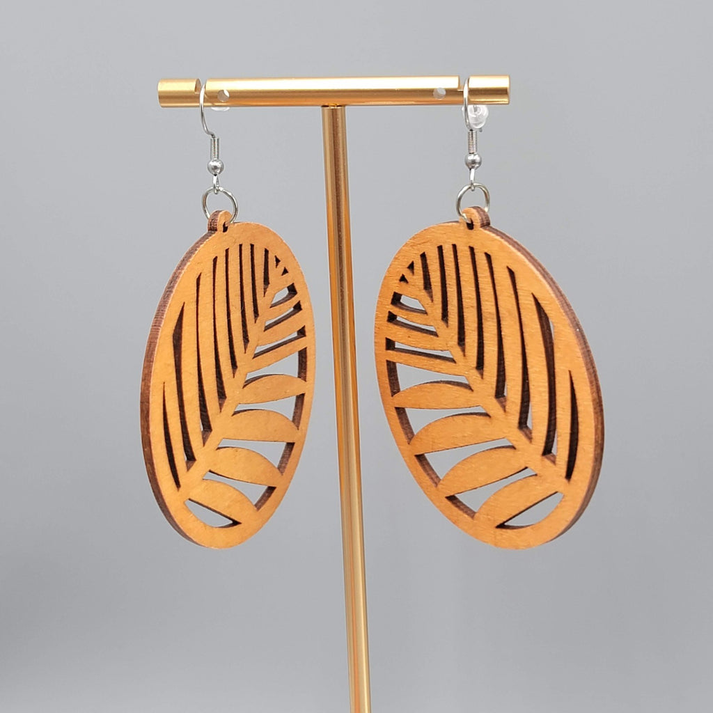 Wood Cut Large Boho Pierced Earrings Silver tone Dangle 2.5 in