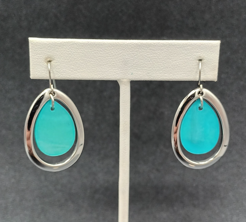 Pierced Earrings Silver tone Blue Teardrop Shell Dangle 1.25"