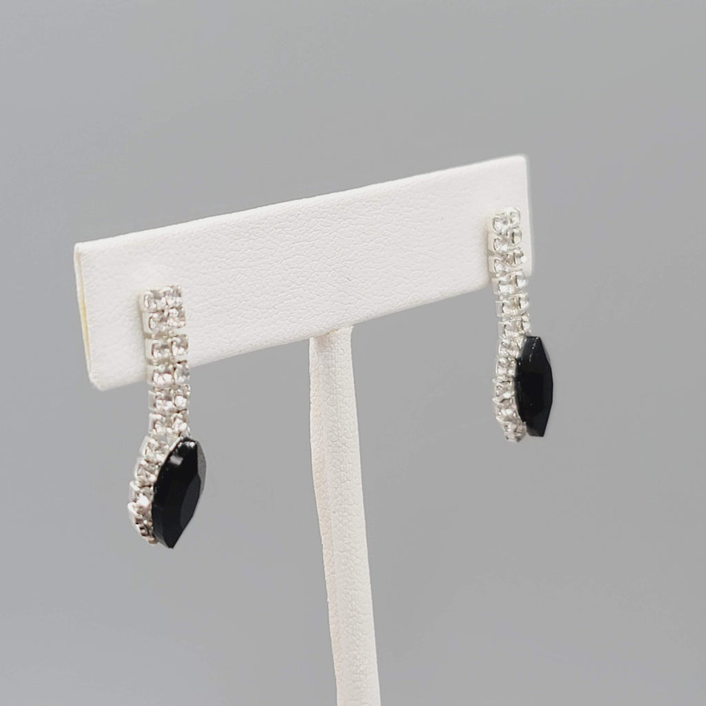 Black Clear Rhinestone Pierced Earrings Silver tone Dangle 1"