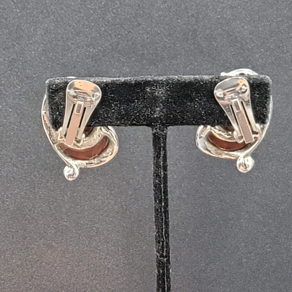Vintage Clip on Earrings Silver tone Brown Oval Cabochon Acrylic Drop 1 1/8"