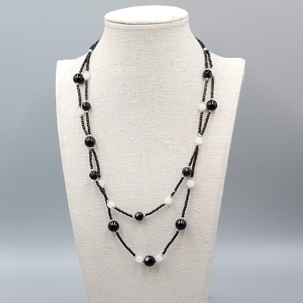 Black Glass Bead White Opaque Double Strand Necklace 20"-22"