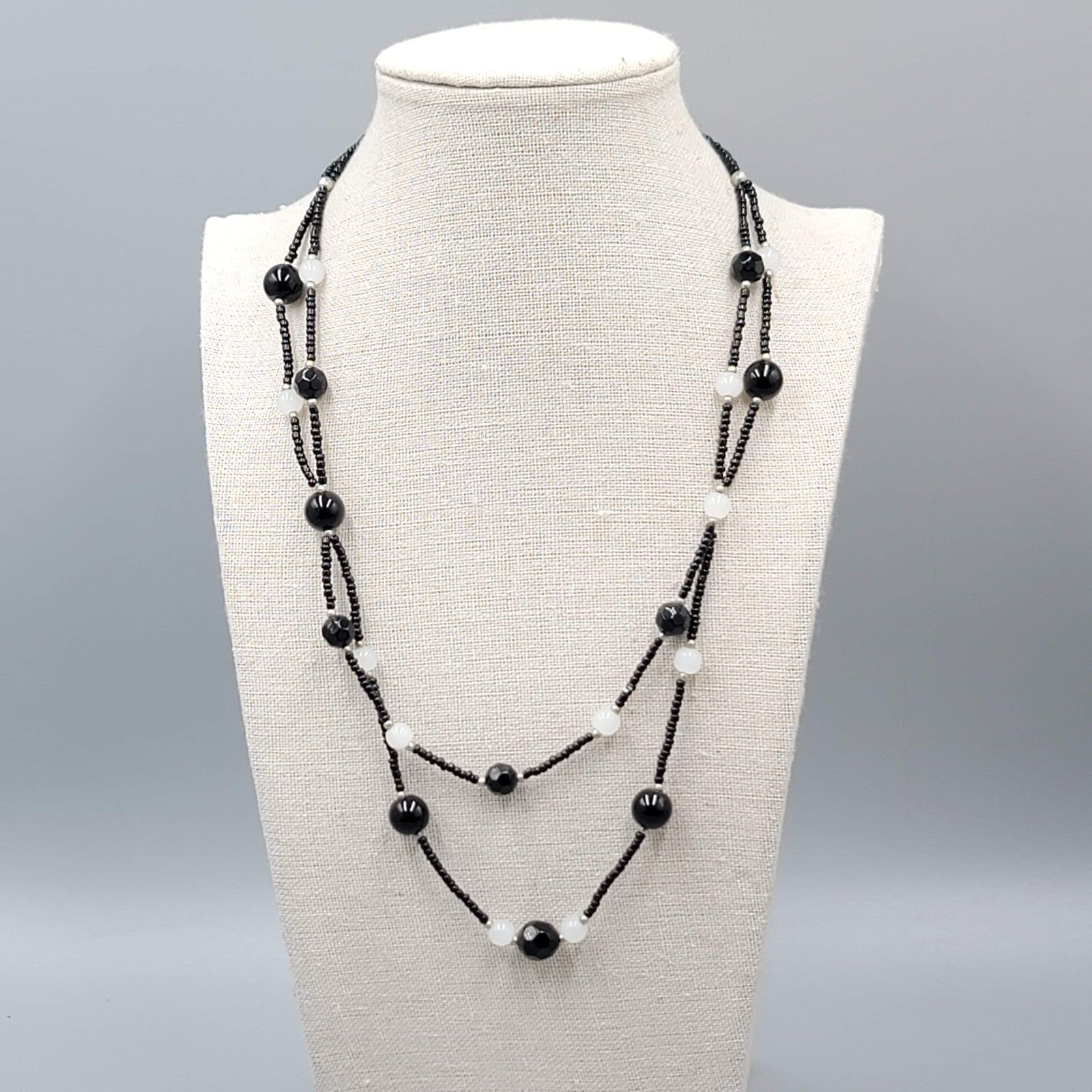 Black Glass Bead White Opaque Double Strand Necklace 20"-22"