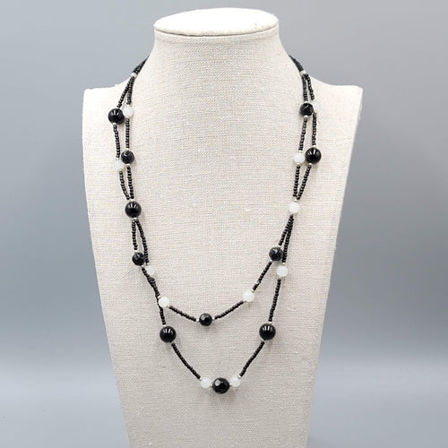 Black Glass Bead White Opaque Double Strand Necklace 20"-22"