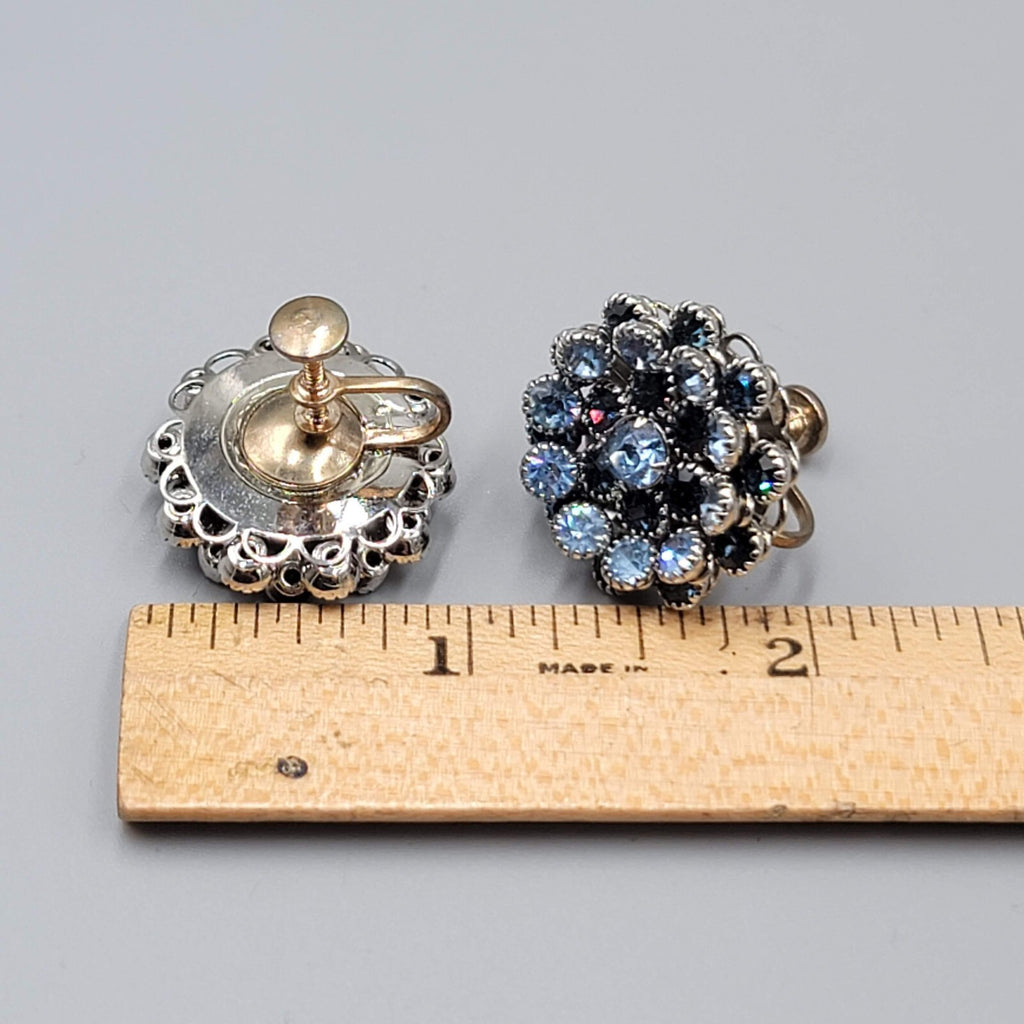 Vintage Blue Rhinestone Clip on Earrings Silver tone Screw Back Round 7/8"