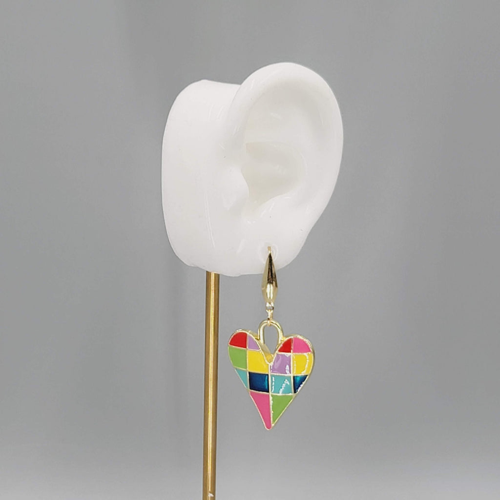 Multicolor Enamel Checkered Heart Pierced Earrings Gold tone Dangle Large 1.5"