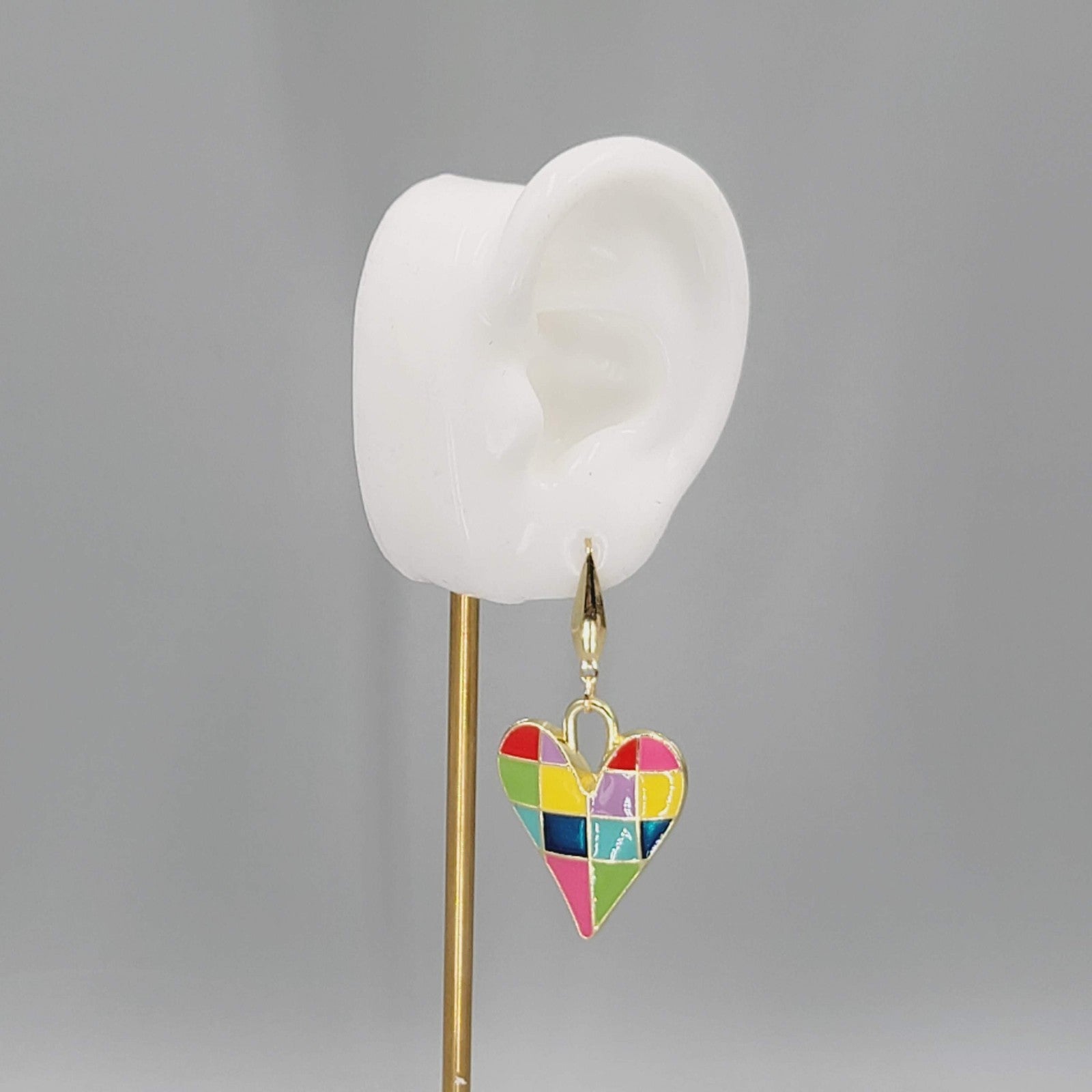 Multicolor Enamel Checkered Heart Pierced Earrings Gold tone Dangle Large 1.5"