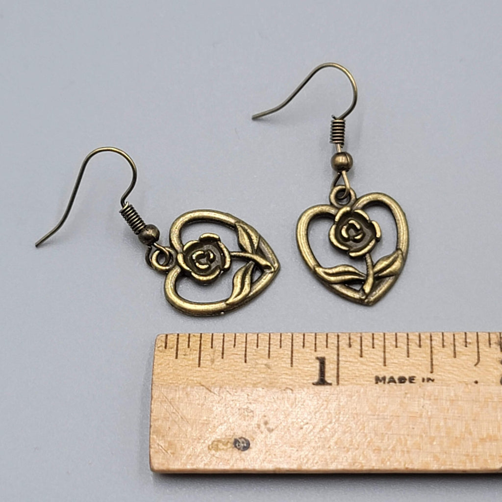 Rose Flower Heart Pierced Earrings Bronze tone Dangle NEW 5/8"