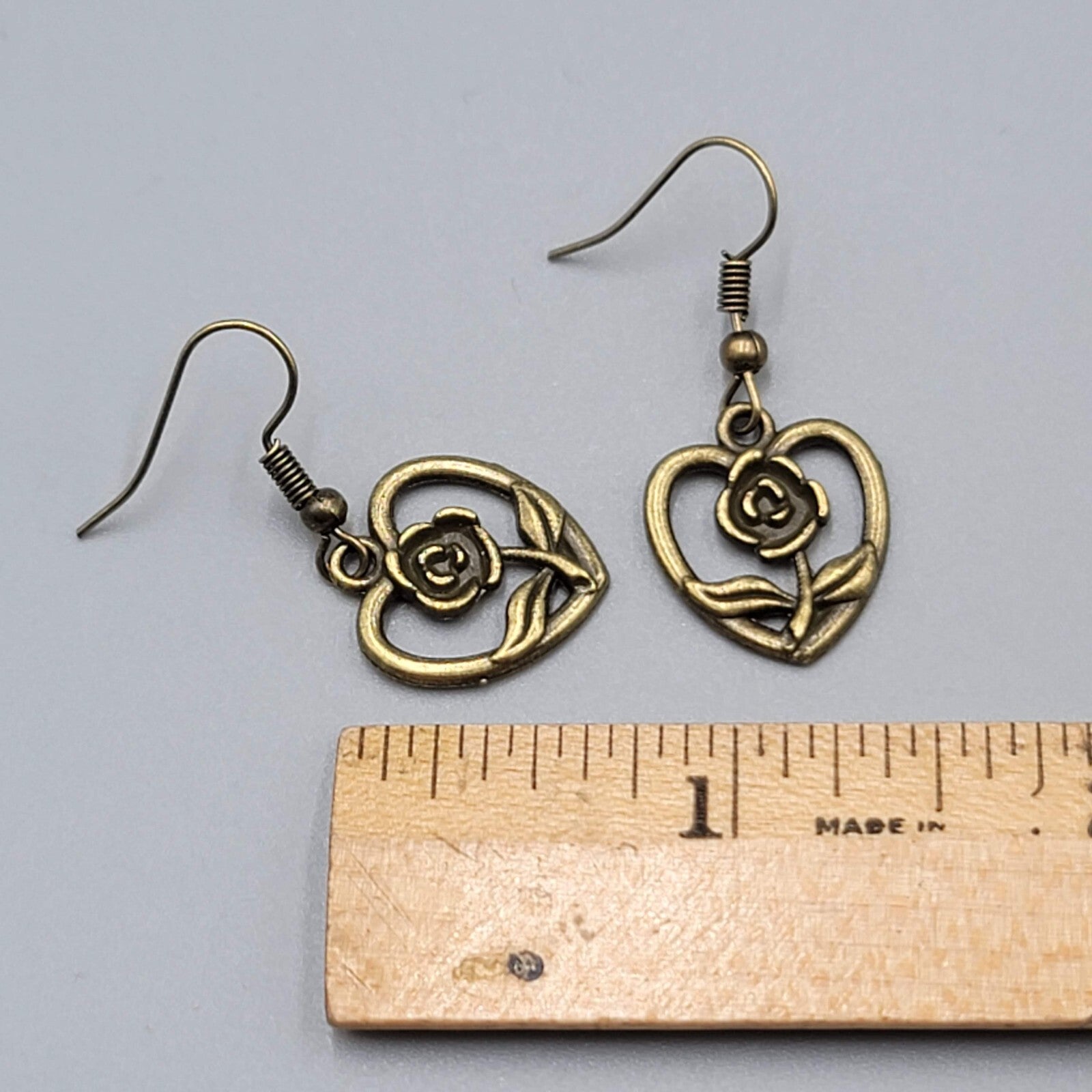 Rose Flower Heart Pierced Earrings Bronze tone Dangle NEW 5/8"