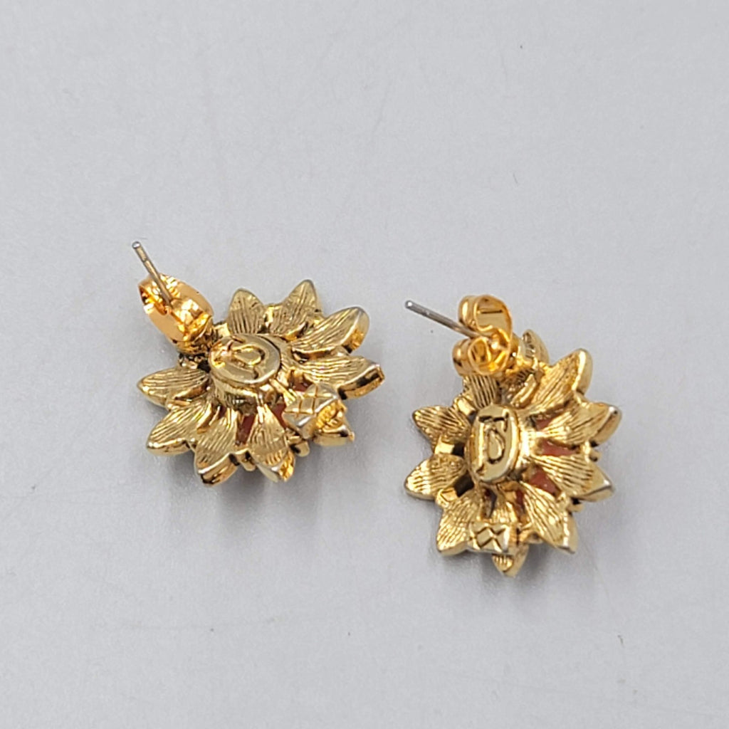 Signed JS Flower Pierced Earrings Gold tone Rhinestone Bead 3/4"