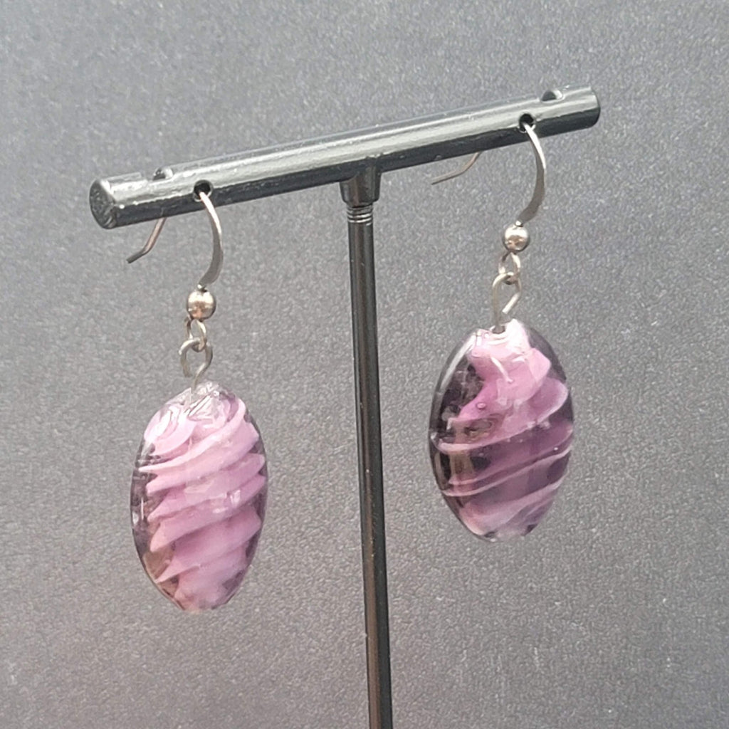 Pierced Earrings Purple Art Glass Bead Dangle 1"