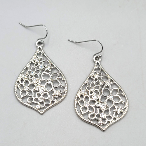 Crystal Flower Open Work Pierced Earrings Silver tone Dangle  1.75 in