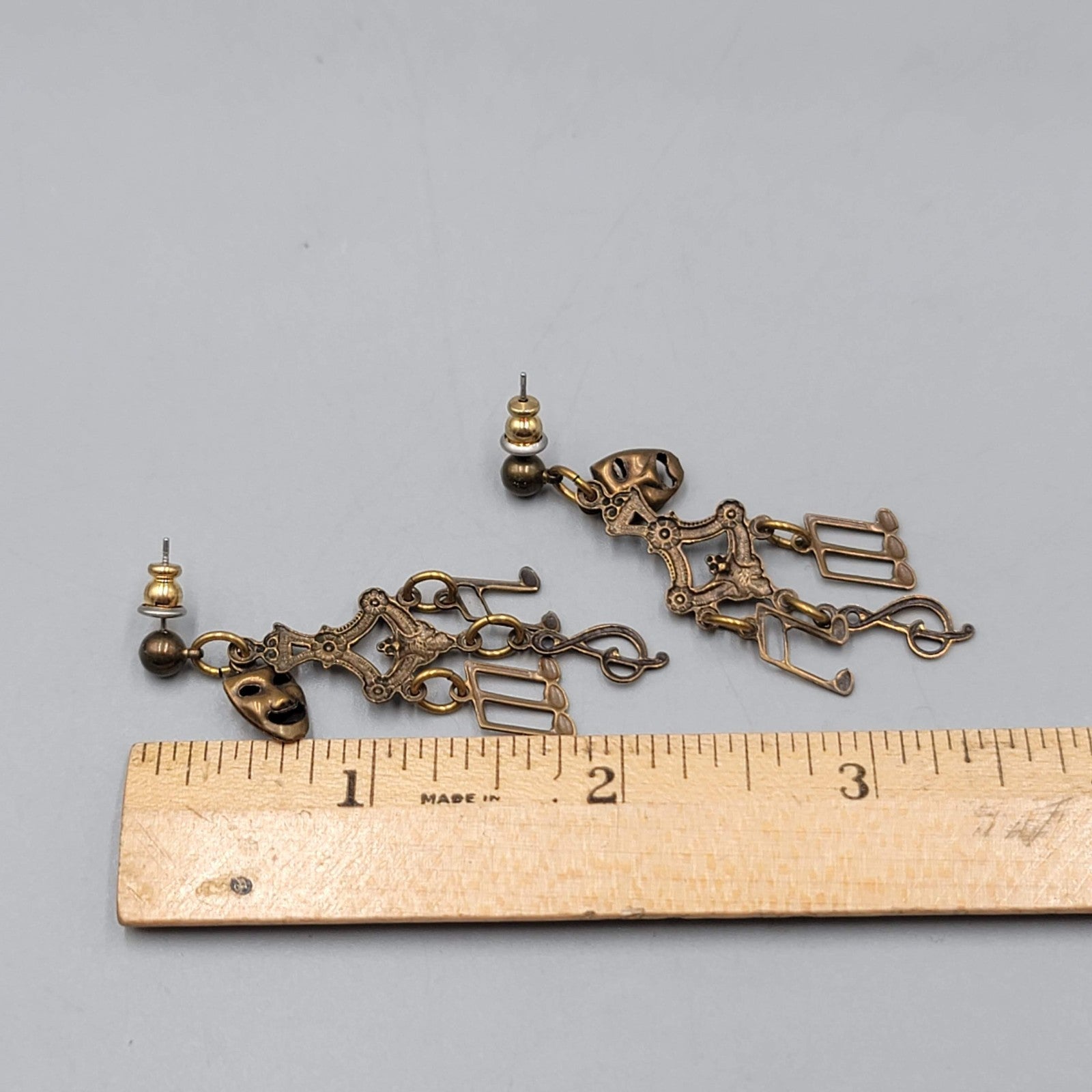 Vintage Music Drama Theme Pierced Earrings Bronze tone Dangle 2 in