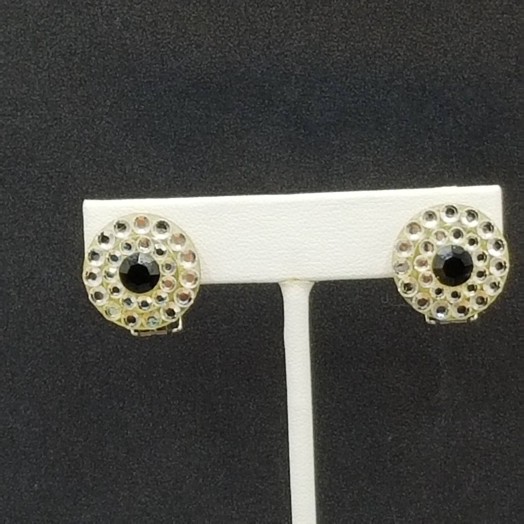 Vintage Clip on Earrings Black Crystal Button Style Stud 3/4"