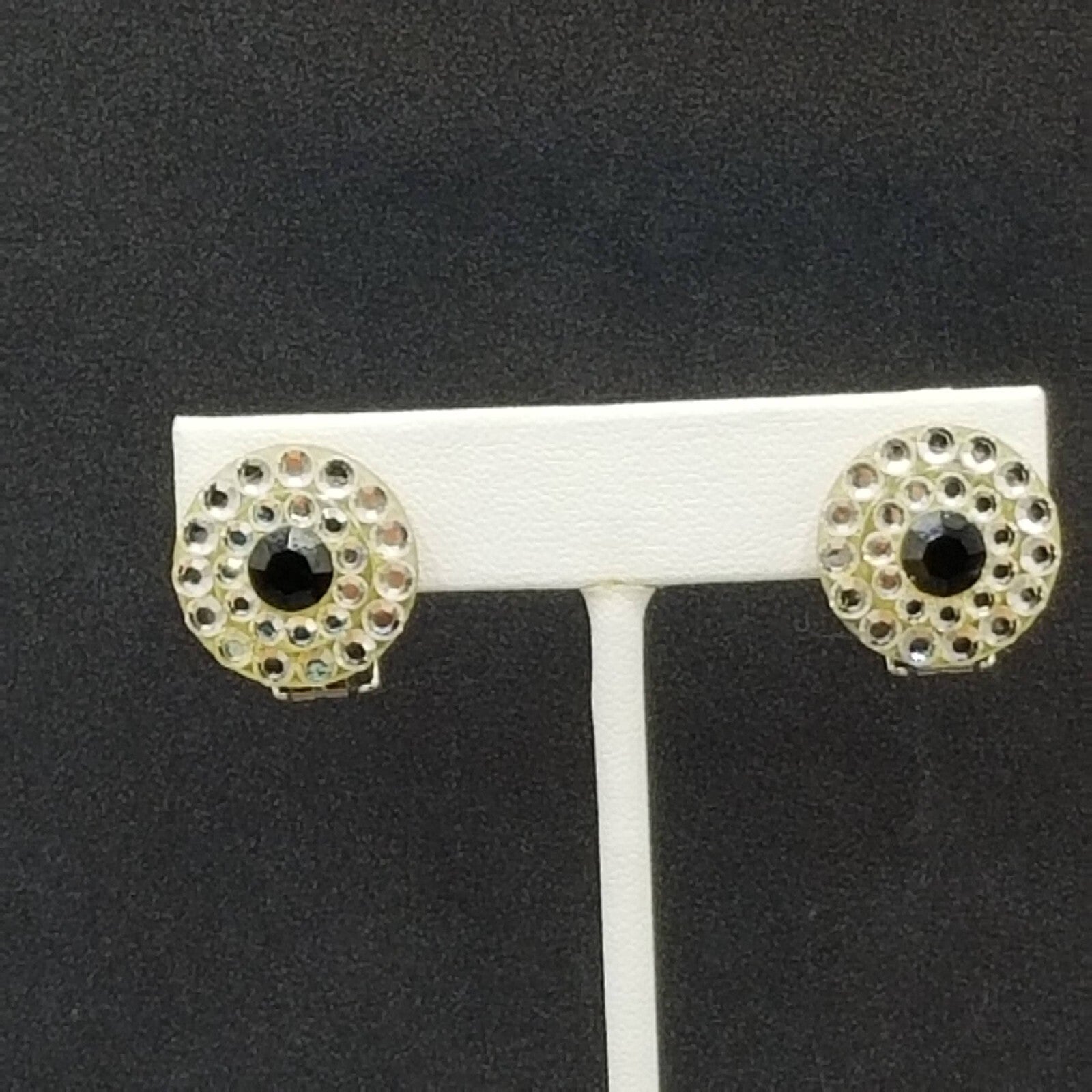 Vintage Clip on Earrings Black Crystal Button Style Stud 3/4"