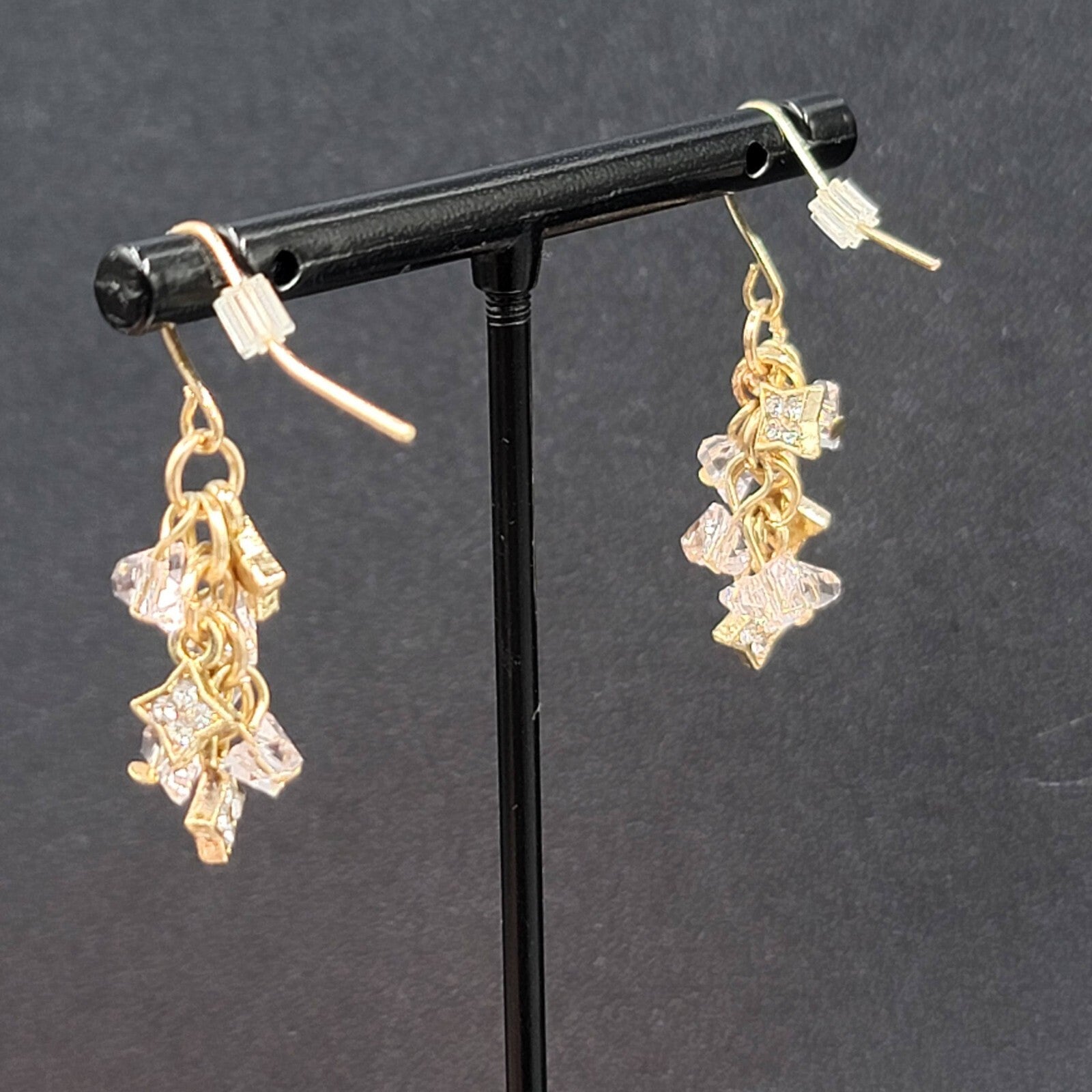 Pierced Earrings Gold tone Pink Crystal Cluster Bead Dangle 1"