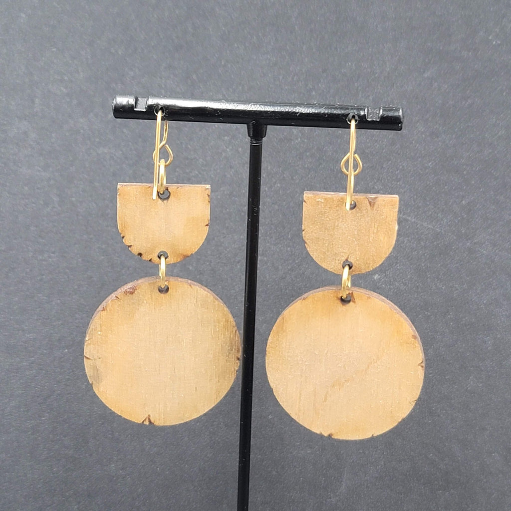 Pierced Earrings Laser Burned Geometric Wood Dangle Statement 2.25"