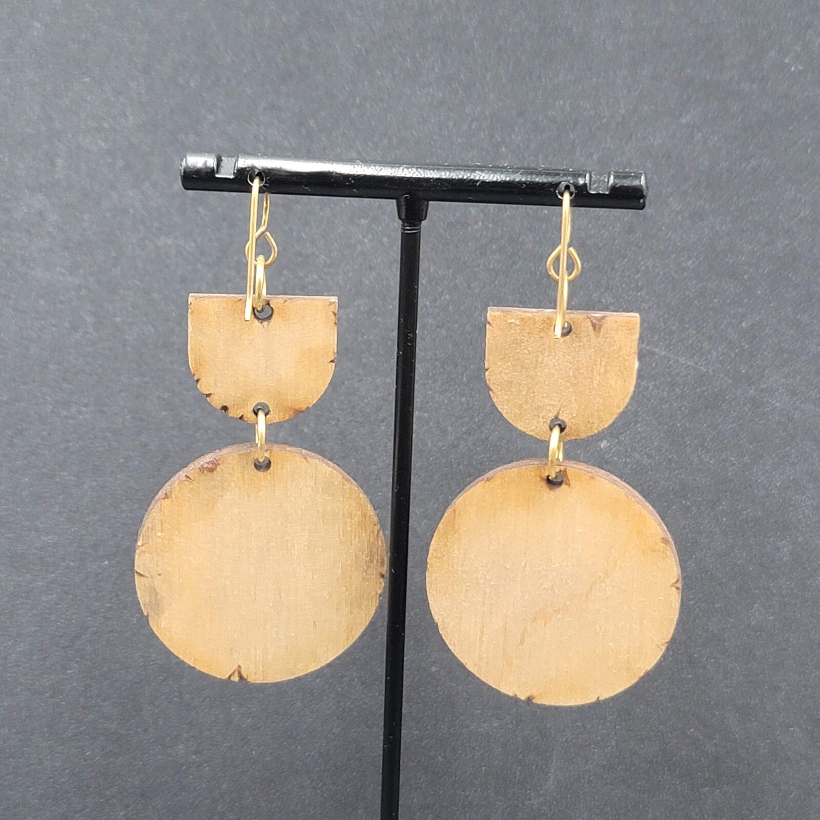 Pierced Earrings Laser Burned Geometric Wood Dangle Statement 2.25"