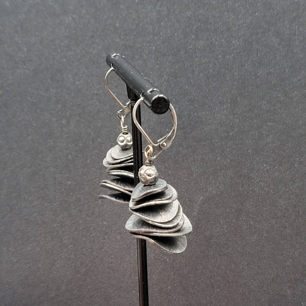 Pierced Earrings Black Metal Layered Wavy Discs Dangle 1 1/8"