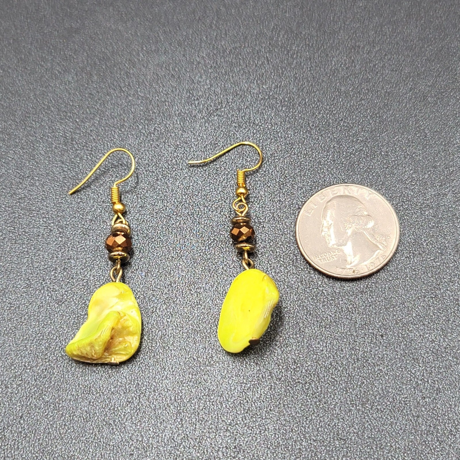 Pierced Earrings Gold tone Neon Yellow Shell Beaded Dangle 1.5"
