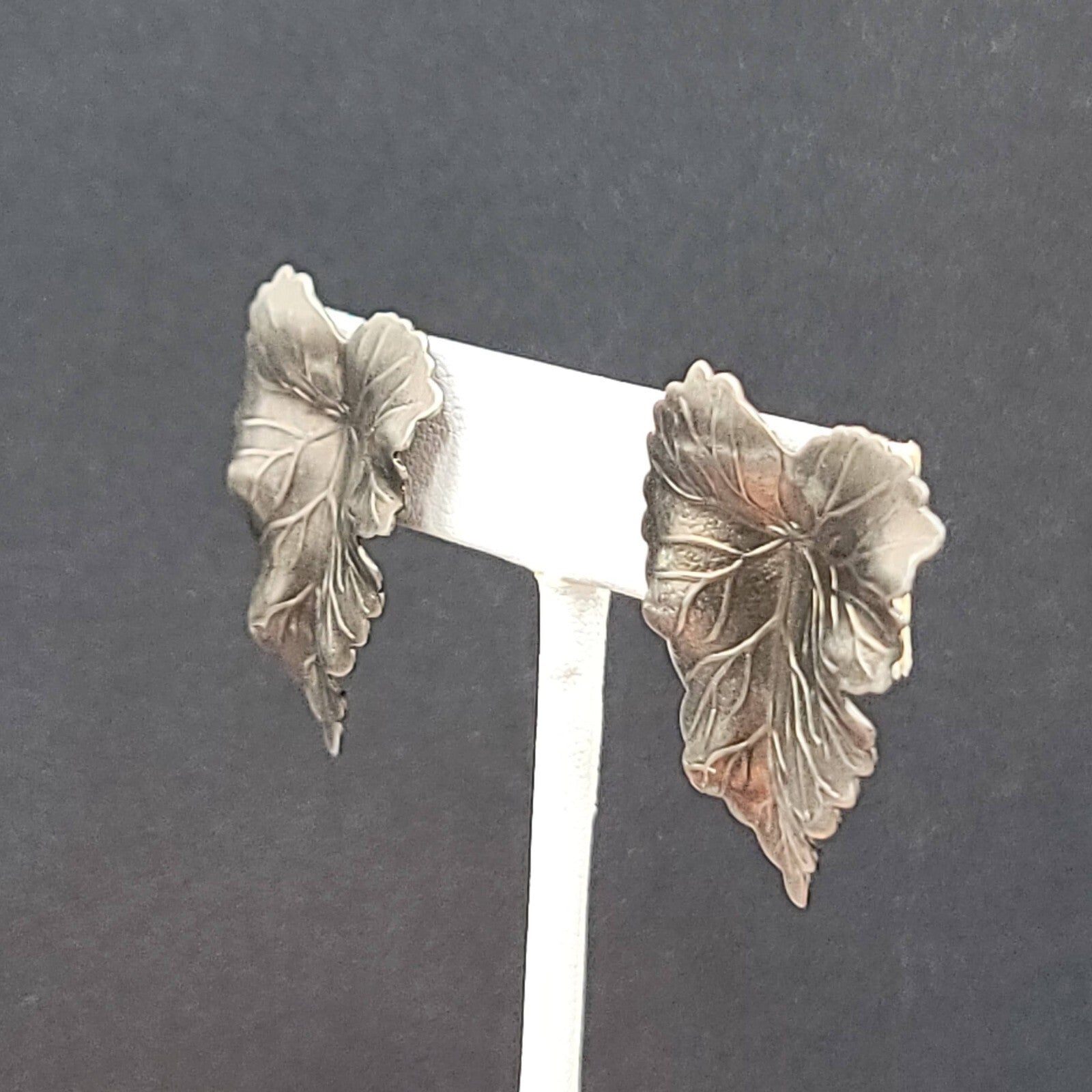 Vintage Pierced Earrings Textured Leaves Dark Gray Drop 1 3/8"