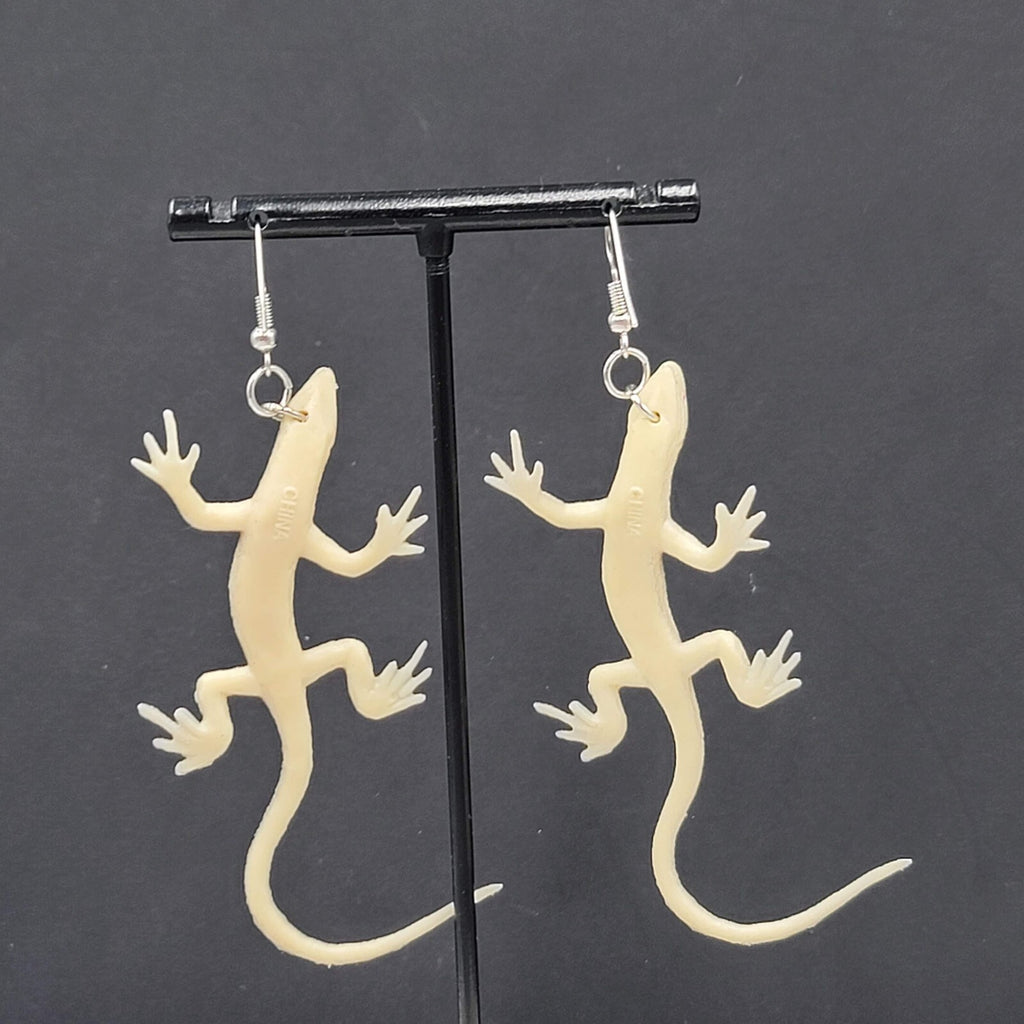 Gray Lizard Pierced Earrings Vinyl Dangle 2.75"
