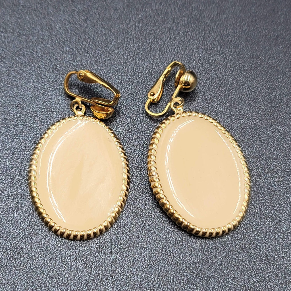 Vintage Clip on Earrings Gold tone Cream White Enamel Oval Dangle 1.5"