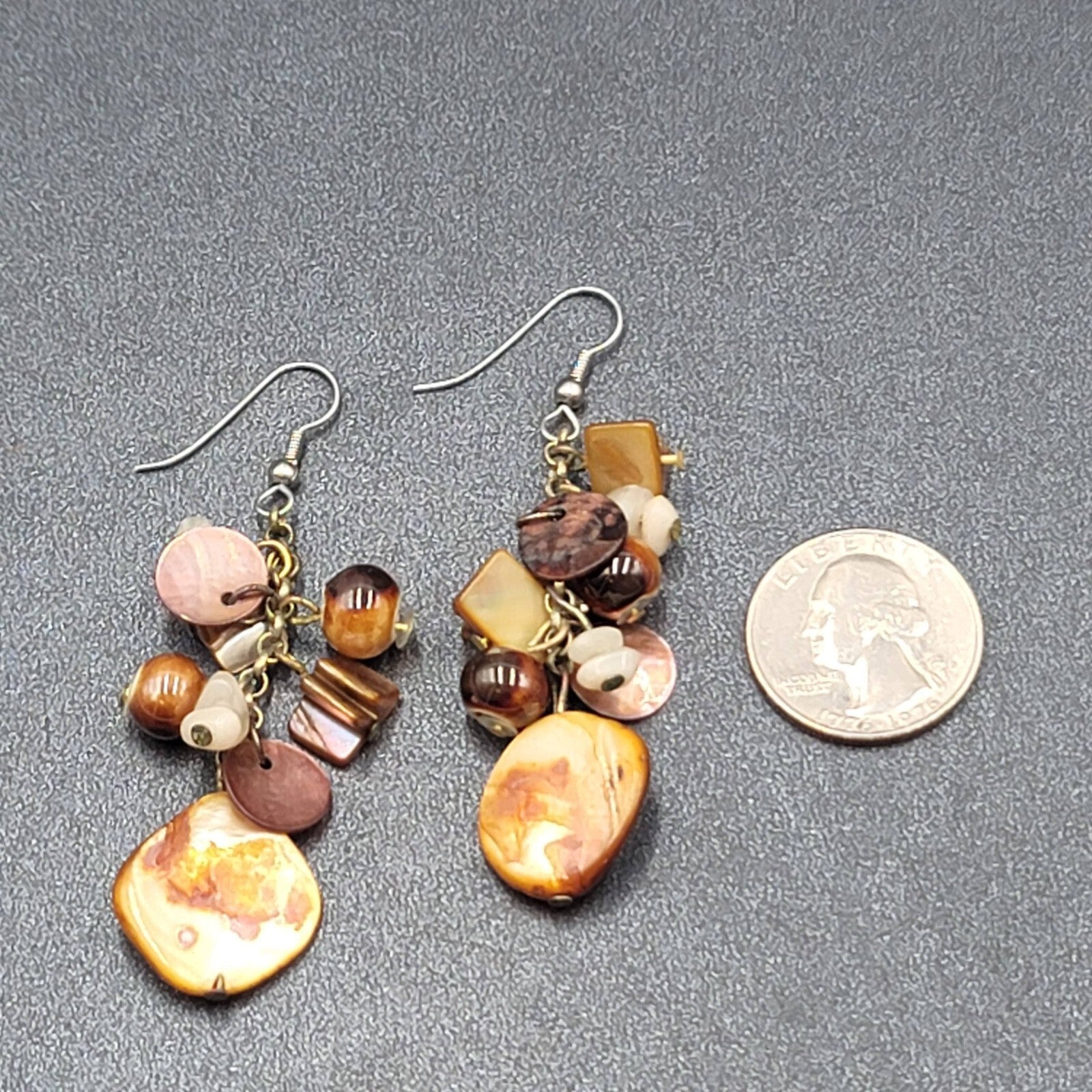 Pierced Earrings Brown Earth Tones Cluster Bead Shells 2.25"