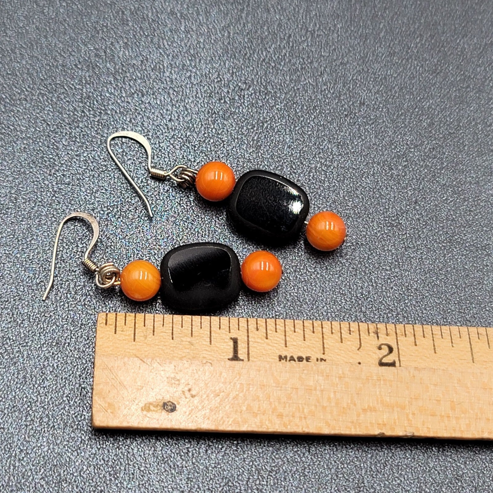 Halloween Pierced Earrings Black Orange Glass Bead Dangle 1.25"
