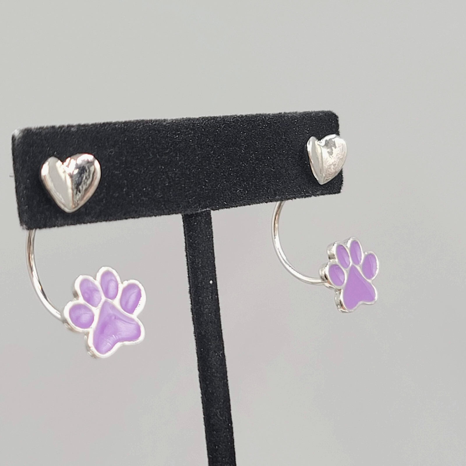 Pierced Earrings Purple Enamel Paw Drop Jacket Silver tone 1.25"